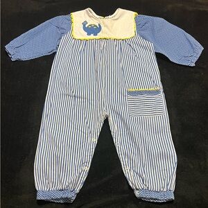 *True Vtg 70’s 2T/3T Baby Boy Home Sewn Blue & White Striped Romper w/ Dinosaur